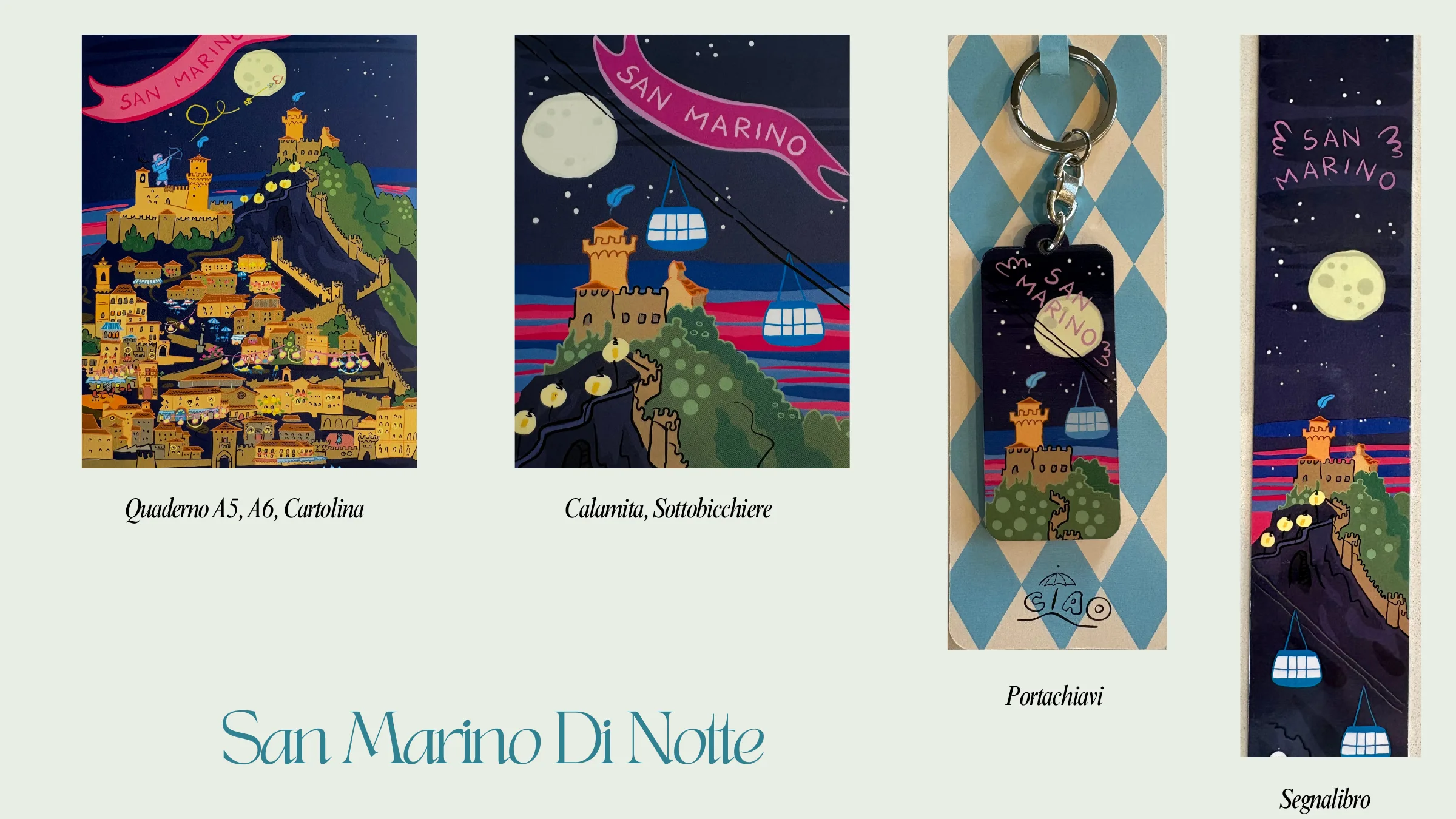 Collezione San Marino di Notte: quaderni, cartolina, calamita, sottobicchiere, portachiavi e segnalibro