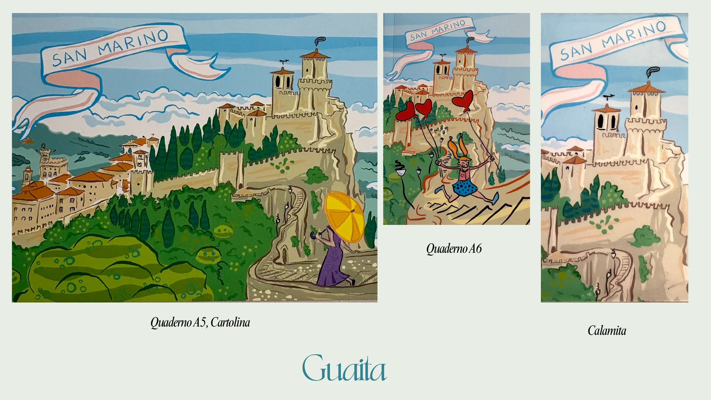 Collezione Guaita con quaderni, cartolina e calamita