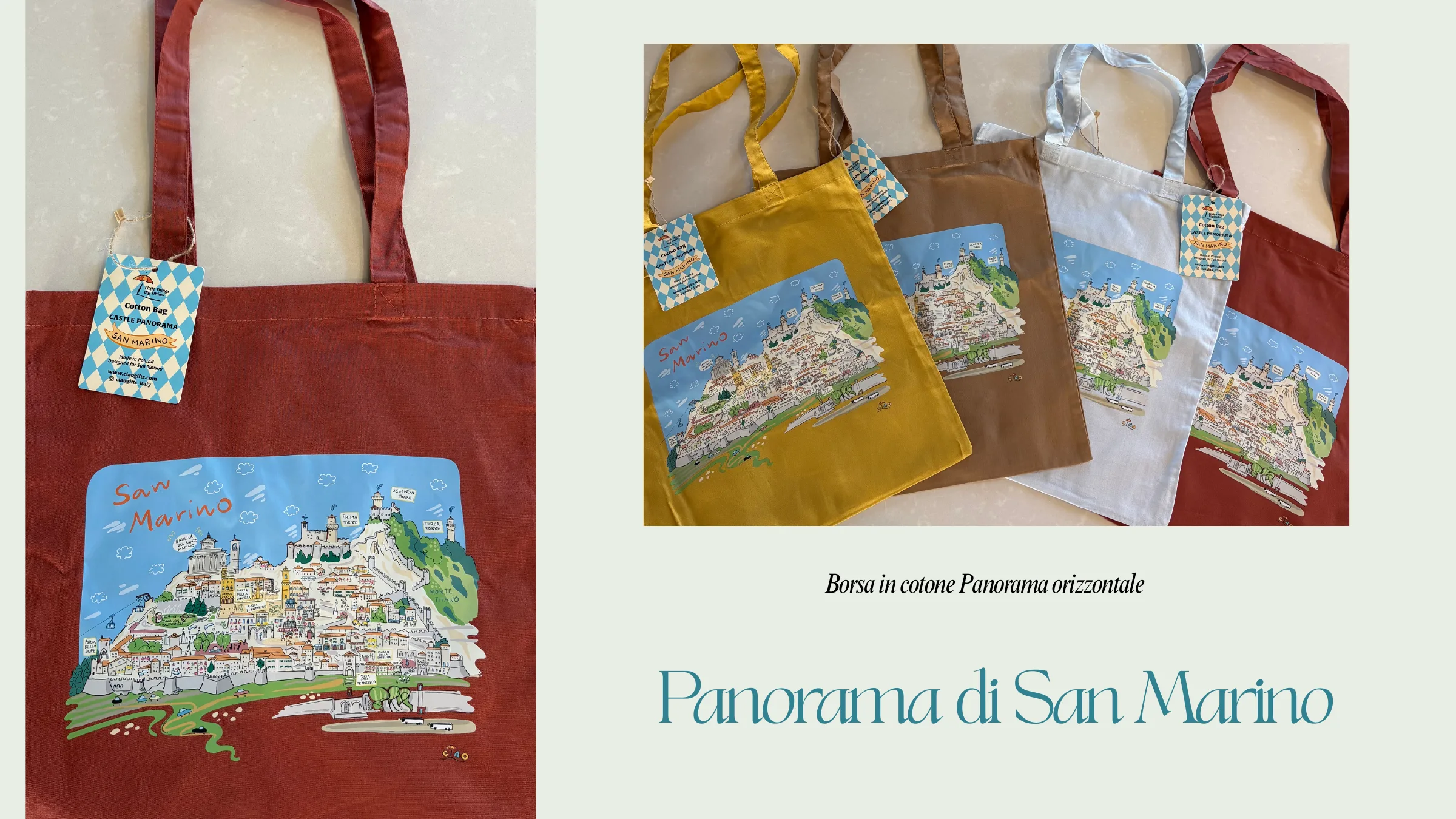 Borse in cotone con panorama orizzontale di San Marino